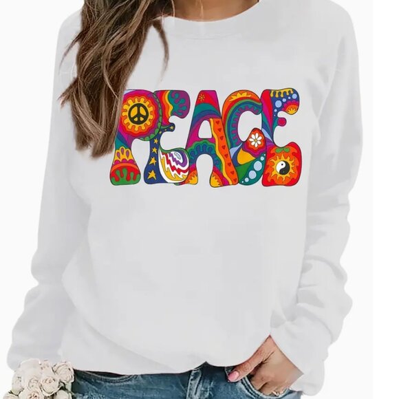 Tops - Peace Print Sweatshirt, Casual Long Sleeve, Crew Neck Sweatshirt, Women's